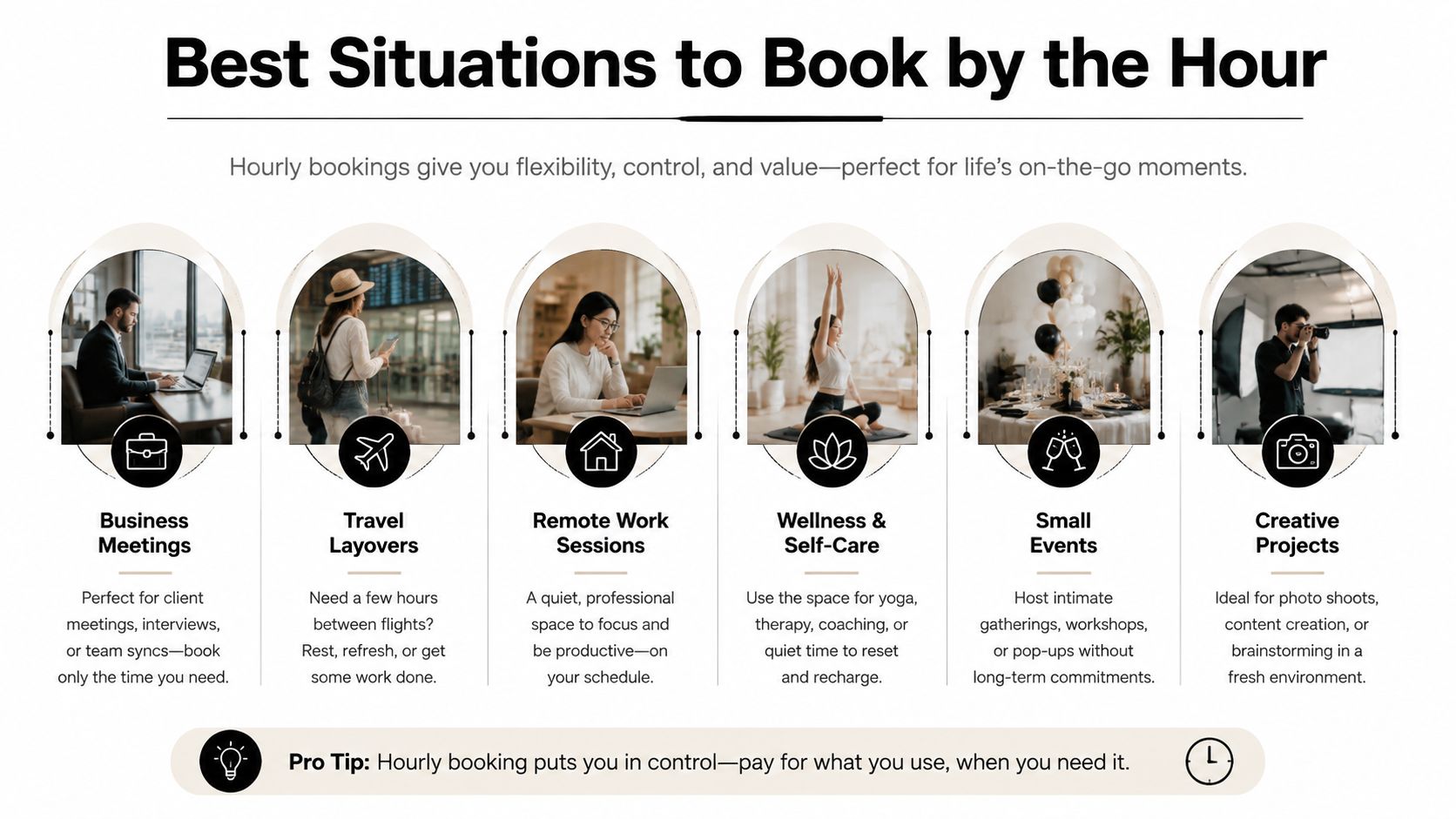 An infographic illustrating six ideal scenarios for booking hourly space rentals, including business, travel, and creative projects.