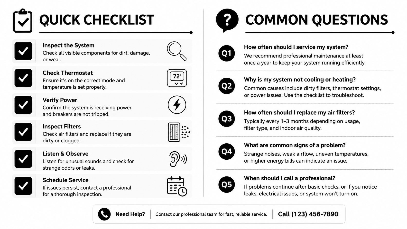 An informative infographic providing a home HVAC maintenance checklist and answers to common troubleshooting questions.