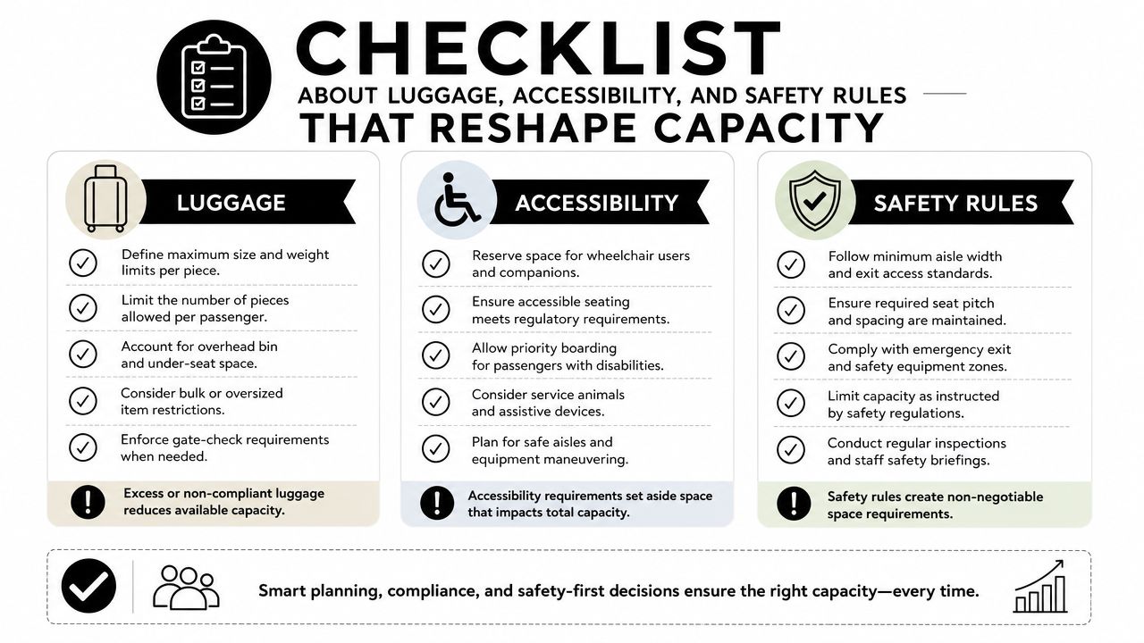 A checklist infographic titled about luggage, accessibility, and safety rules that reshape charter bus passenger capacity.
