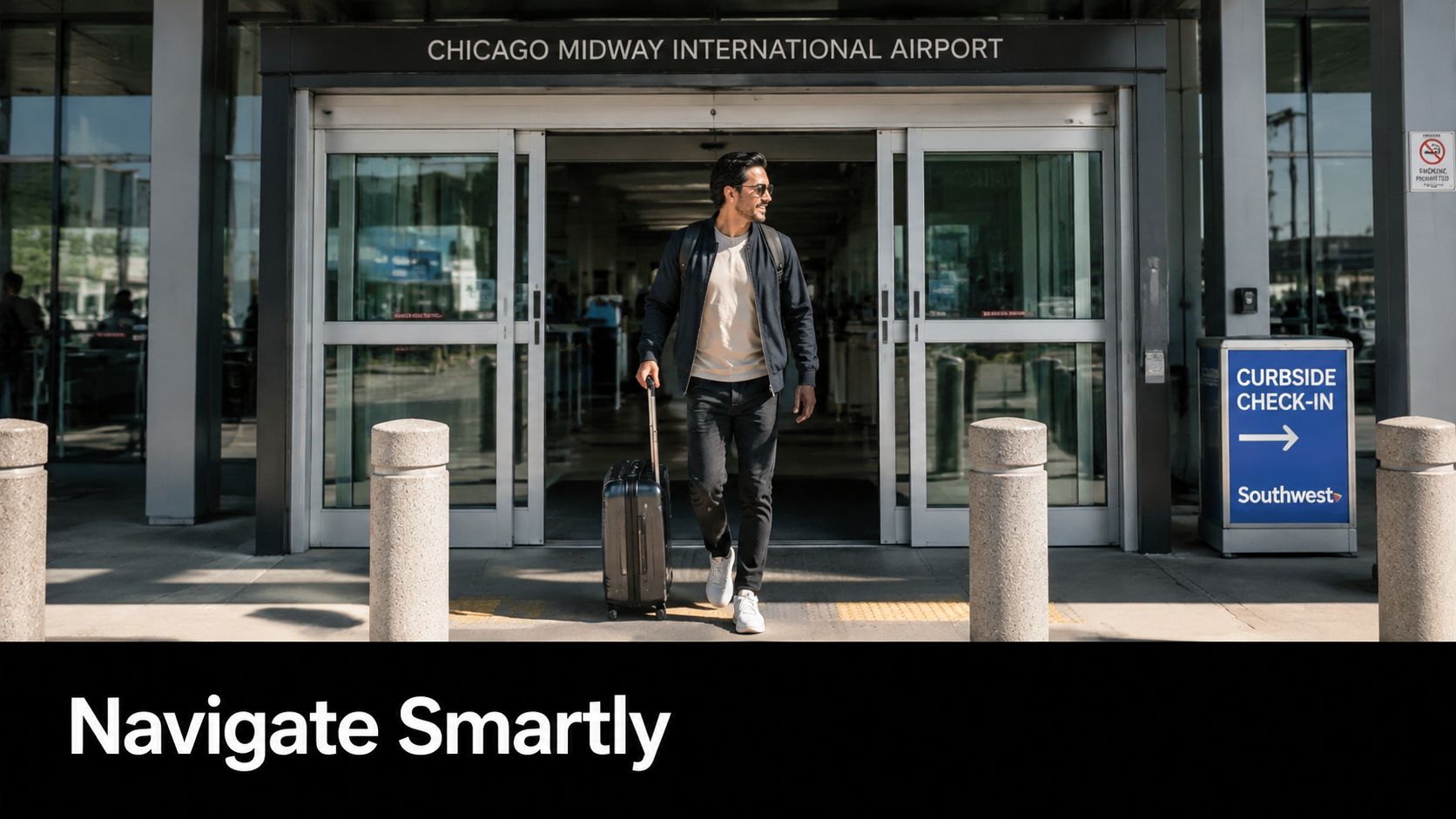 A traveler walking out of Chicago Midway International Airport with a suitcase toward a curbside check-in.