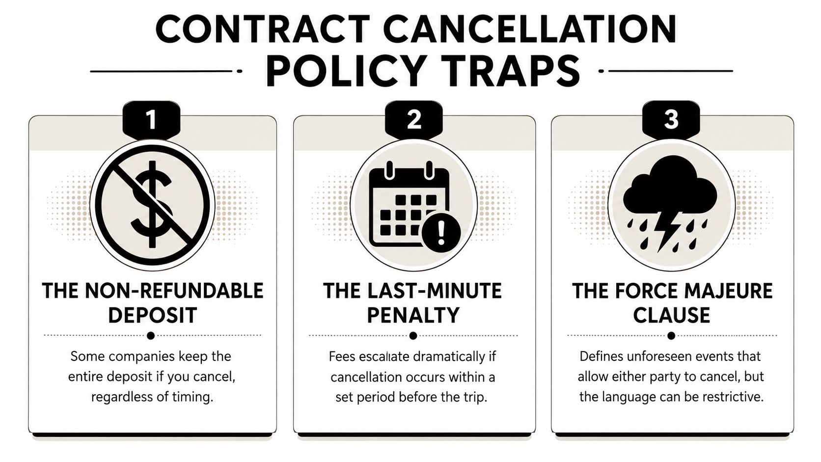 An infographic detailing three common contract cancellation policy traps to watch out for when booking travel.