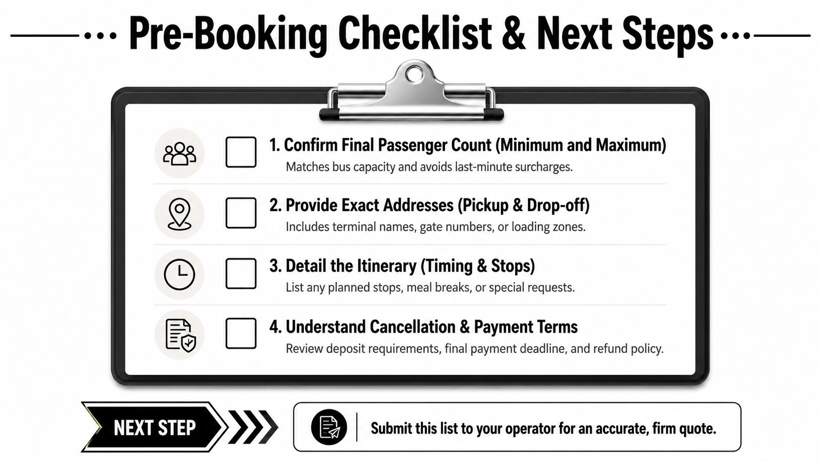 A checklist on a clipboard outlining four key steps for booking a bus rental with a driver.
