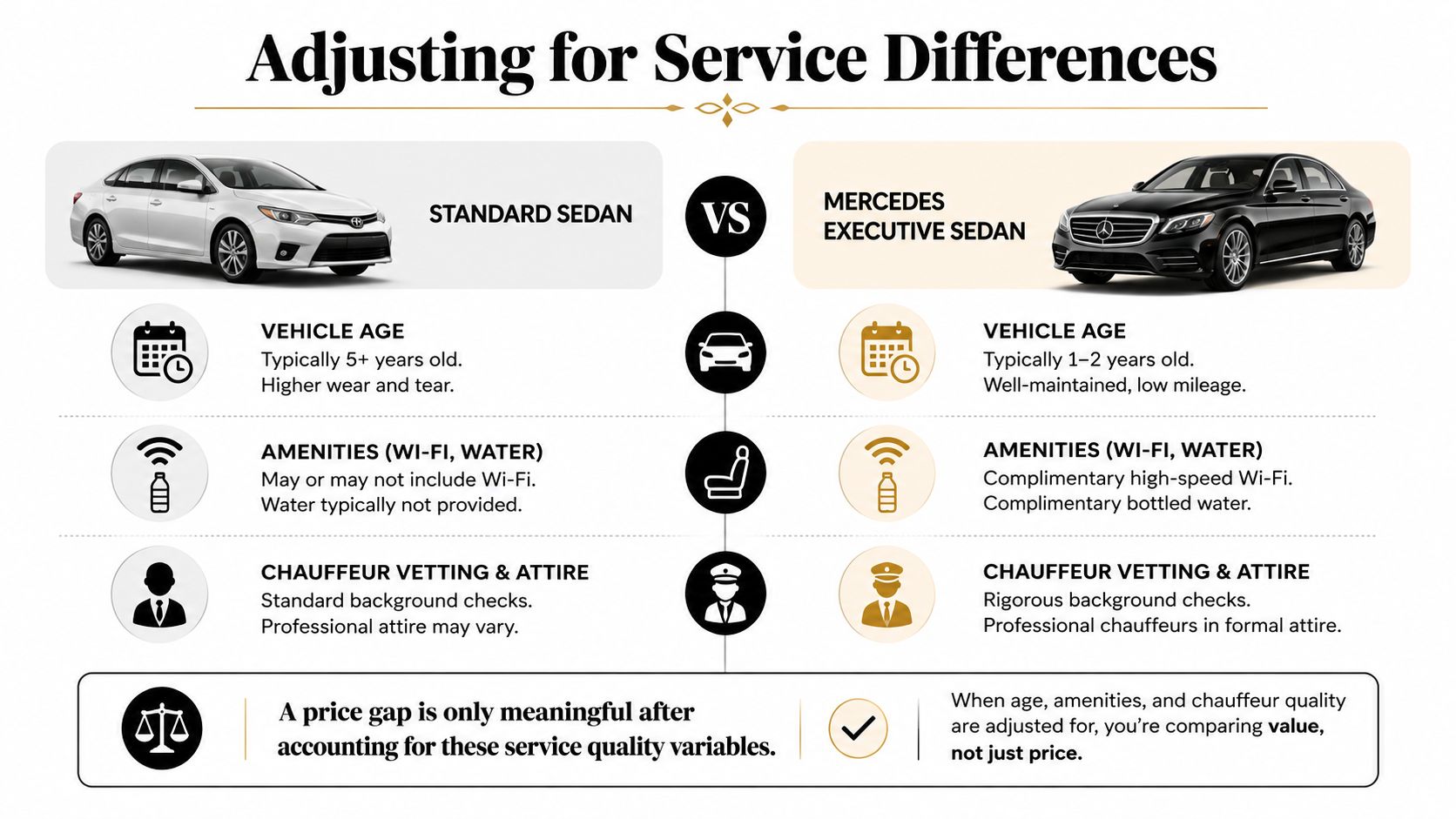 A comparison chart showing service quality differences between a standard sedan and a luxury Mercedes executive sedan.