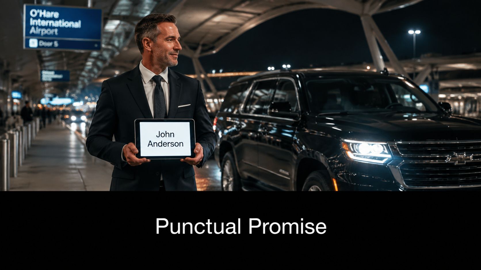 A professional chauffeur holding a digital sign for John Anderson at an airport terminal arrival area.