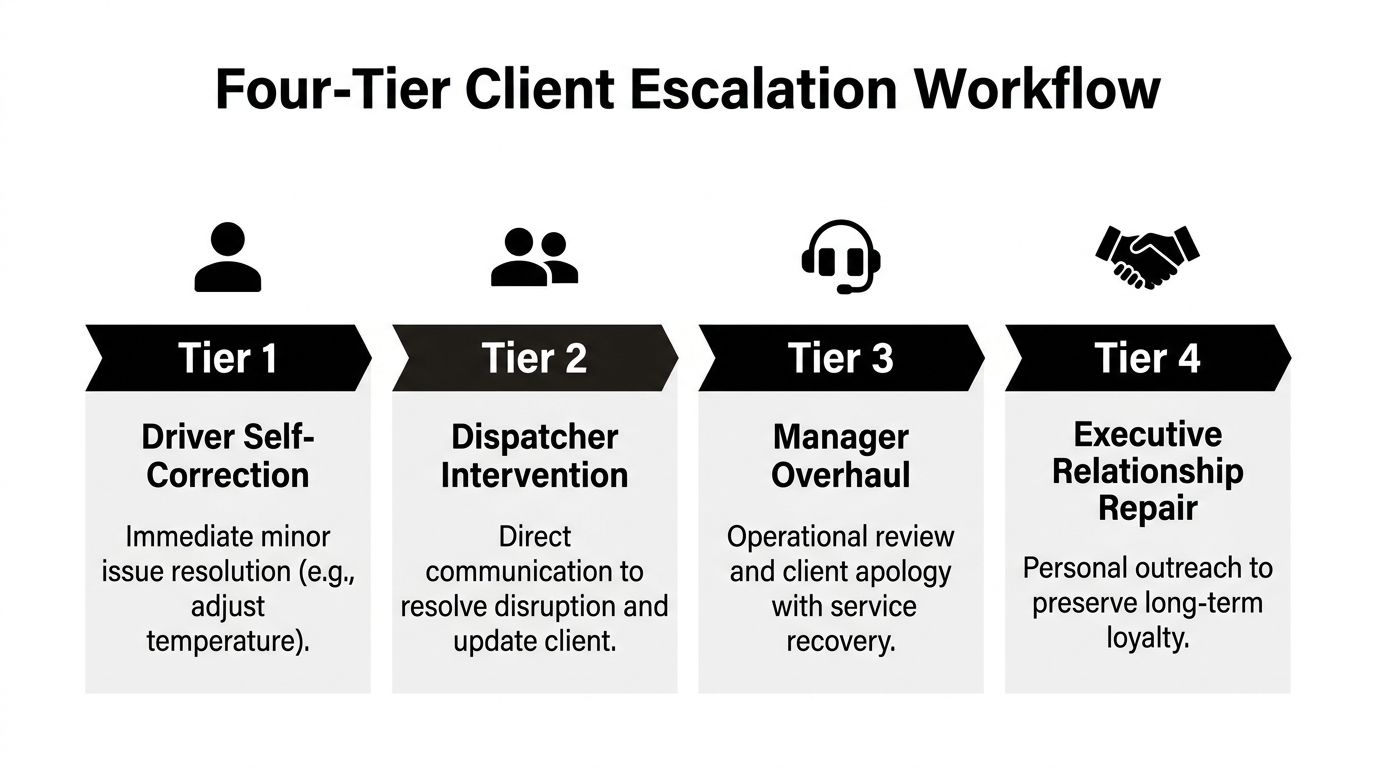 A four-tier client escalation workflow chart illustrating the process from driver self-correction to executive relationship repair.