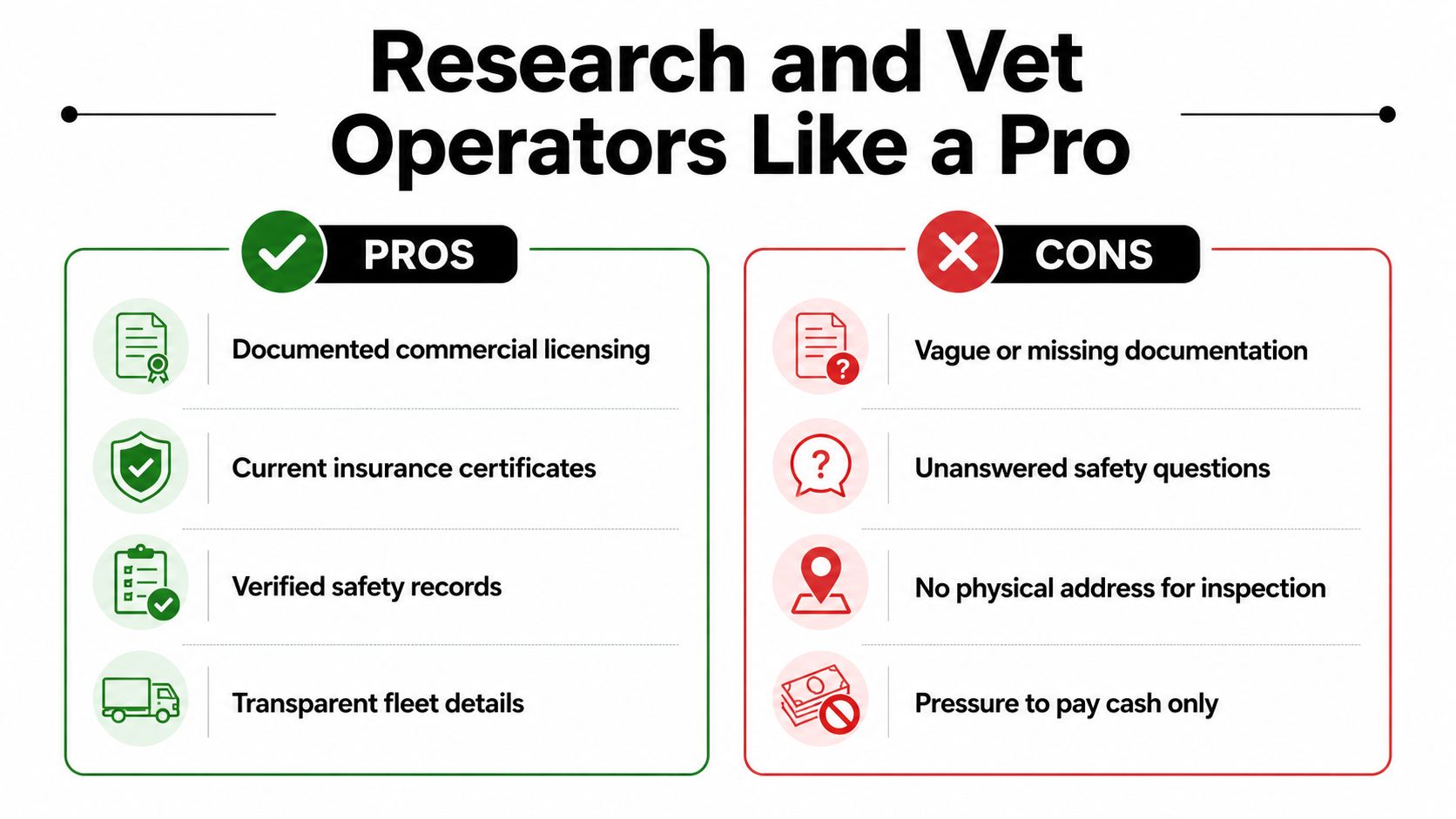 A comparison chart listing the pros and cons to consider when researching and vetting service operators.