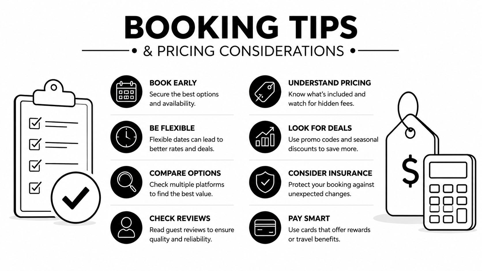 An infographic titled Booking Tips and Pricing Considerations, featuring icons for smart travel planning advice.