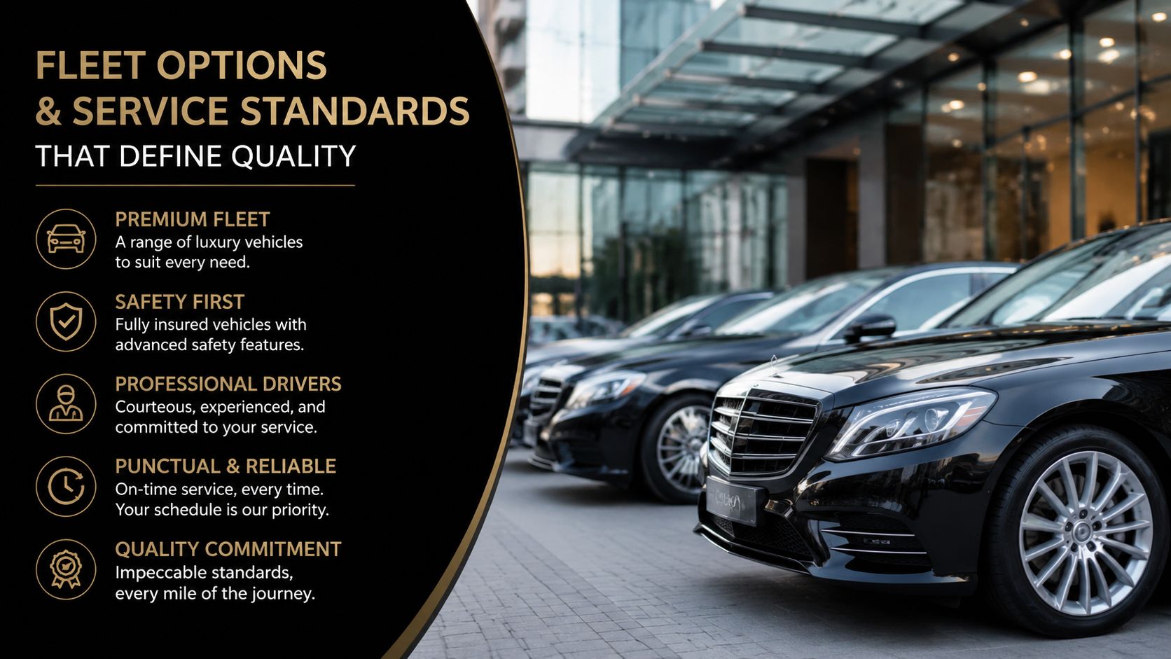 A professional car service advertisement showcasing luxury Mercedes-Benz vehicles parked outside a modern building with service standards.