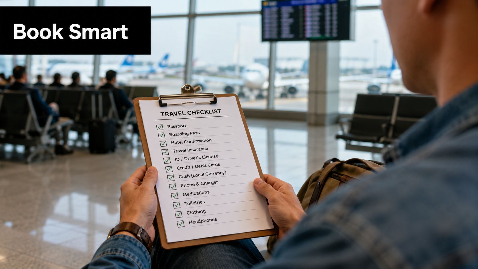 A traveler holding a clipboard with a checked travel checklist while waiting at an airport terminal.