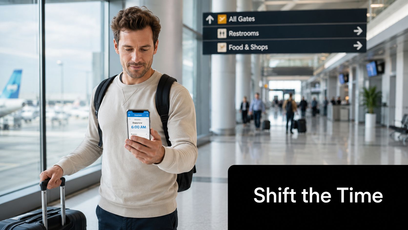 A man stands in an airport terminal holding a smartphone showing an early departure flight time.