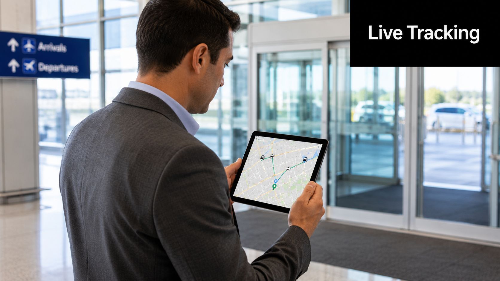A professional man holding a tablet that displays live vehicle tracking on a map inside an airport.