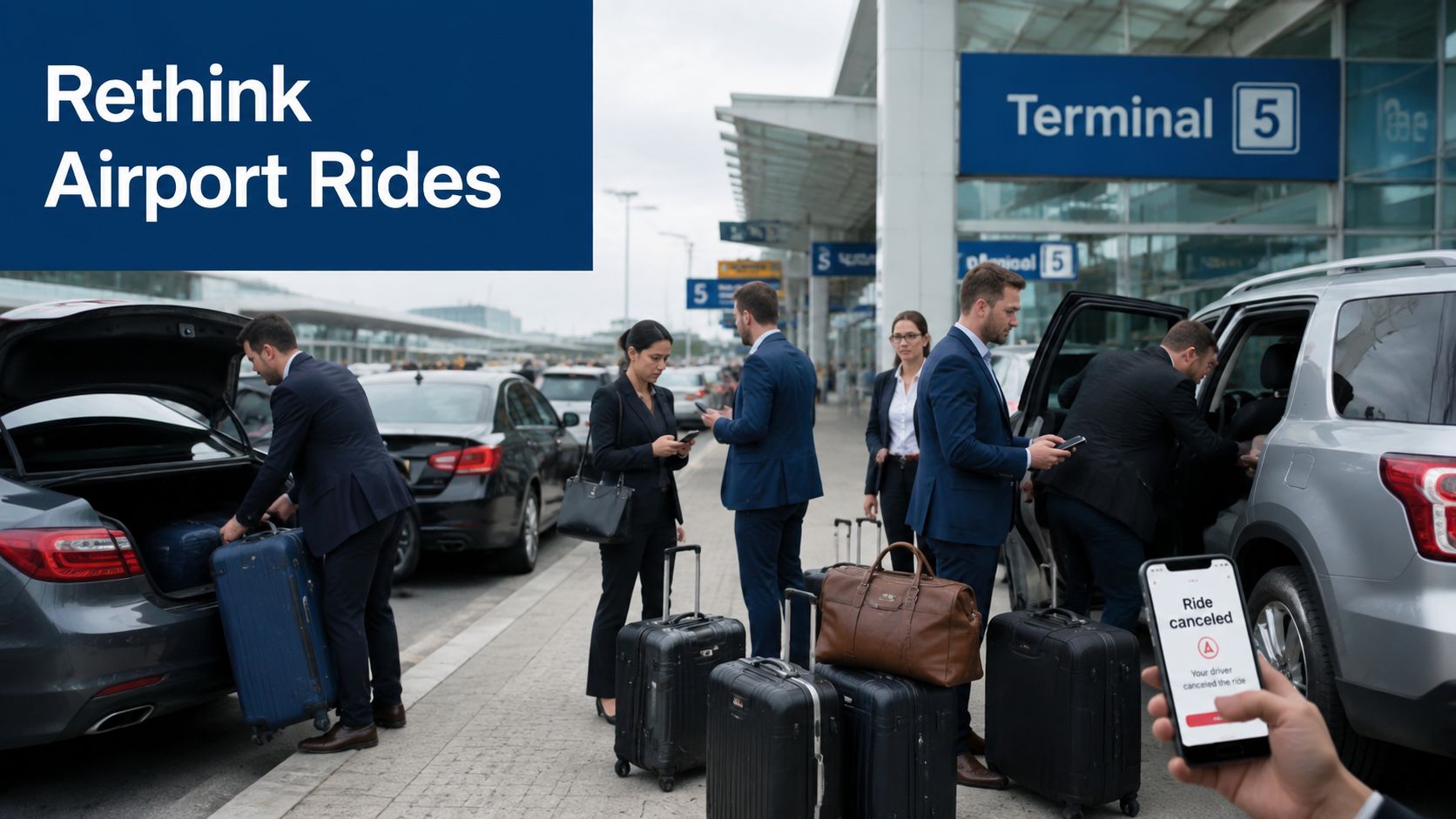 Business professionals waiting for rides at an airport terminal with luggage while checking their mobile phones.