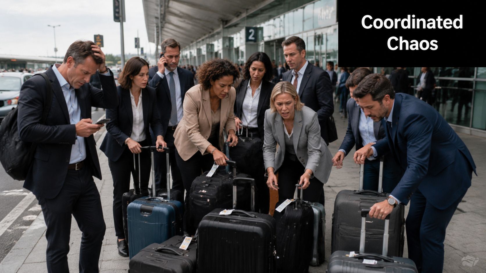 A group of stressed business professionals at an airport terminal surrounding their rolling luggage suitcases.