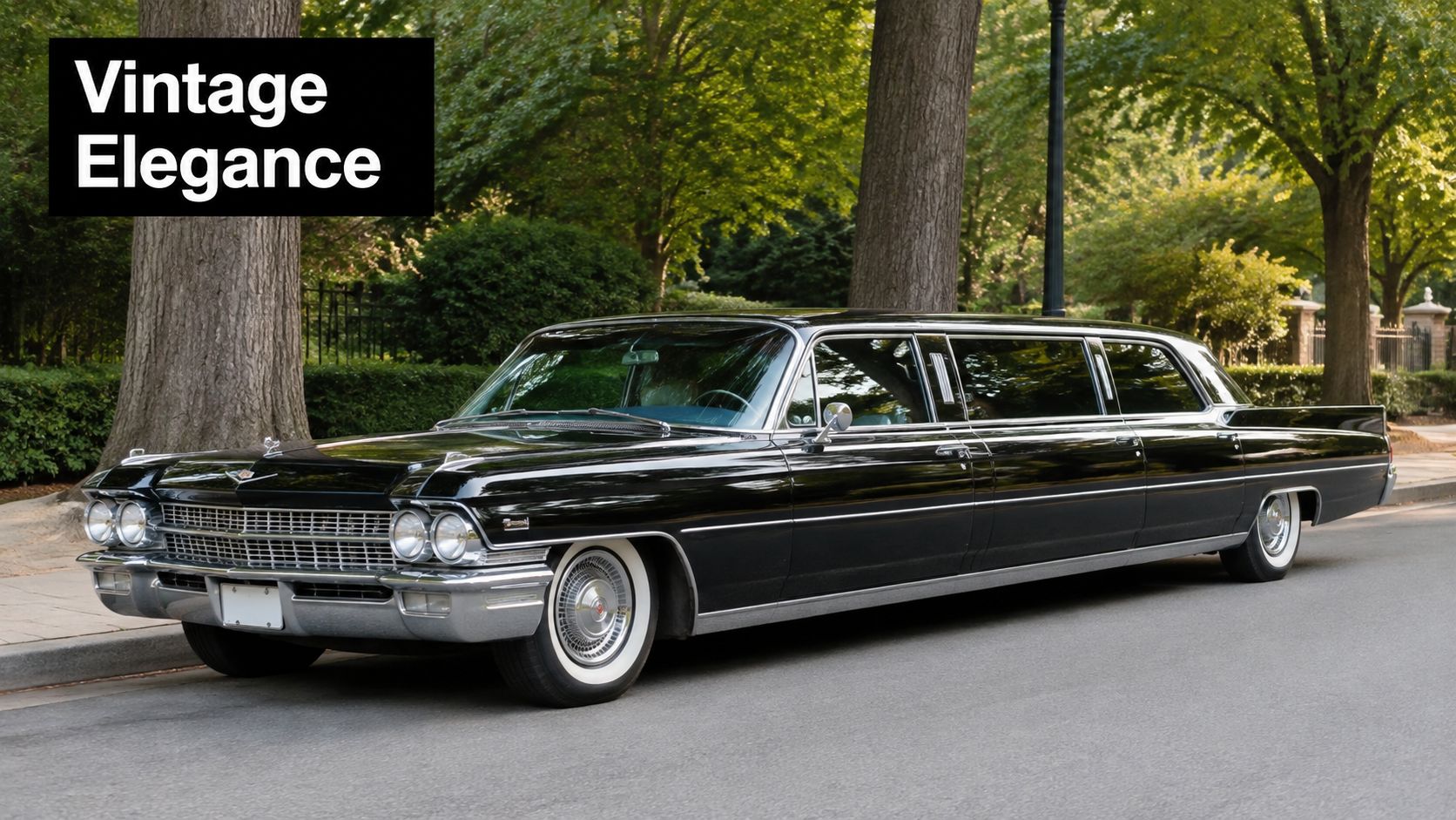 A classic black Cadillac stretch limousine parked on a paved road beside large trees in a park.