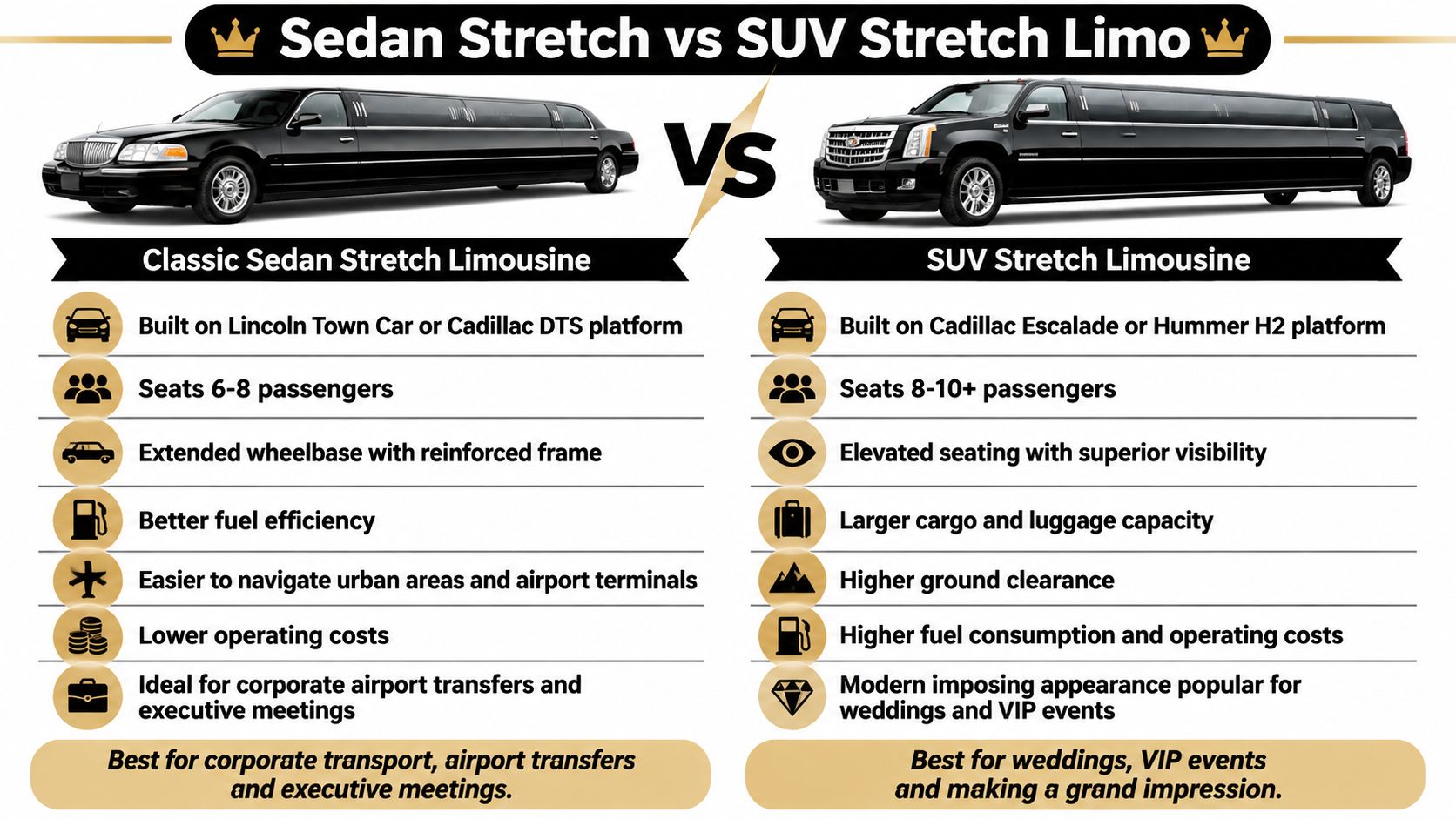 A comparison chart showing the differences between a classic sedan stretch limousine and an SUV stretch limousine.