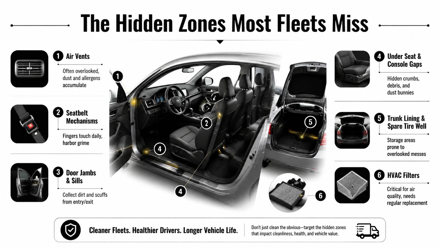 An infographic highlighting six hidden areas in a car that are frequently overlooked during routine fleet cleaning.