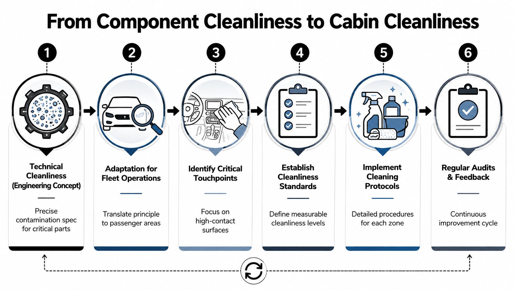 A six-step infographic illustrating the process from component engineering concepts to systematic vehicle cabin cleanliness procedures.