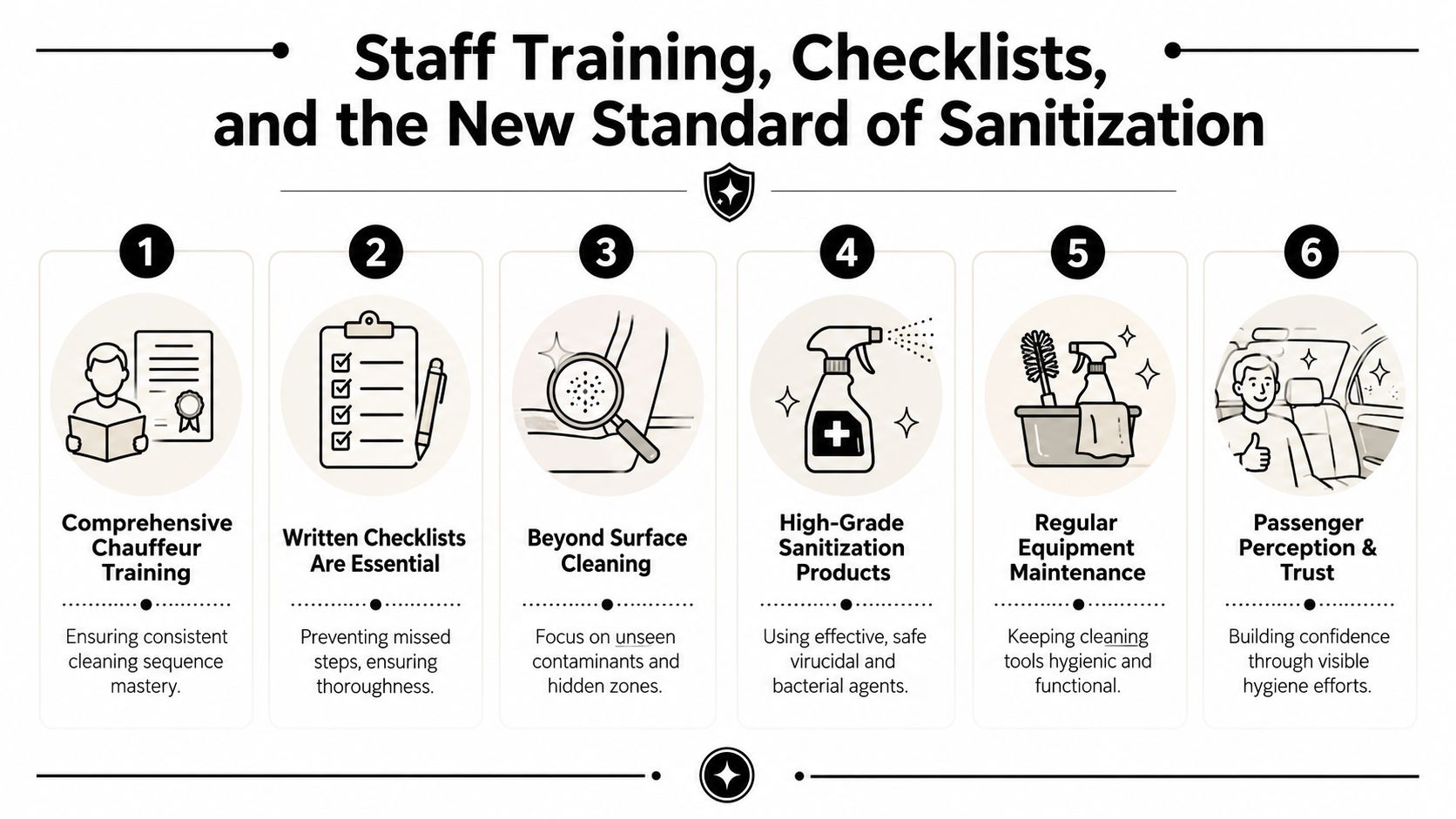 An infographic detailing six essential steps for maintaining vehicle cleanliness and high standards of sanitization.