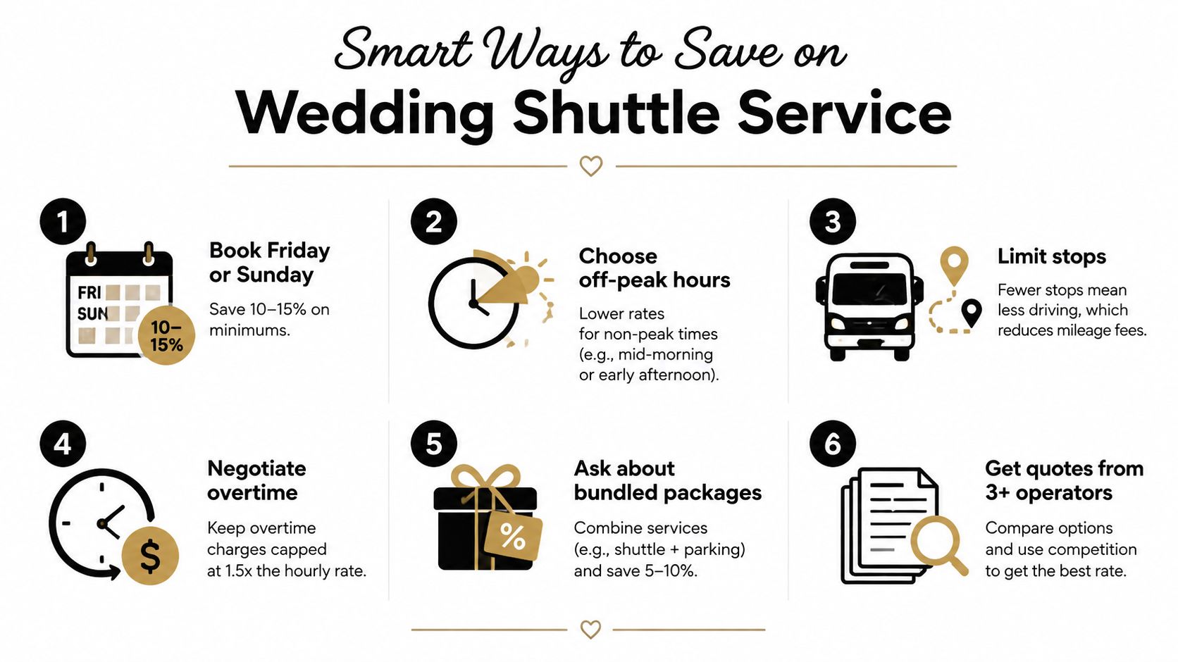 An infographic titled Smart Ways to Save on Wedding Shuttle Service with six money-saving tips.