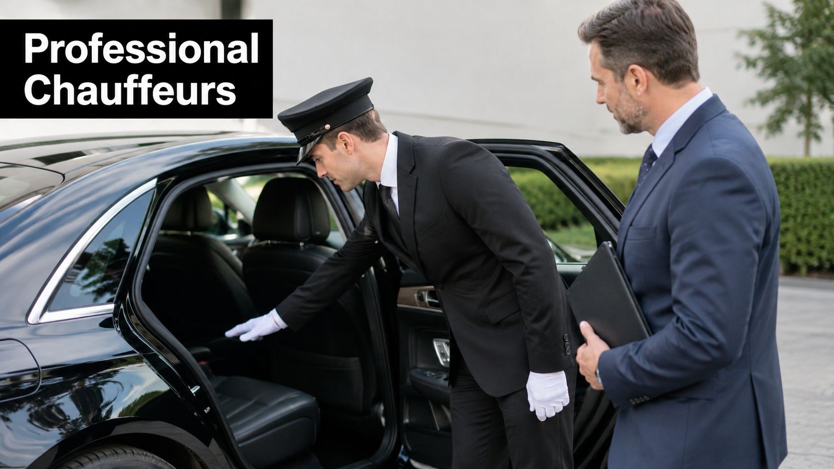 A professional chauffeur wearing a suit and white gloves opens the door for a businessman.