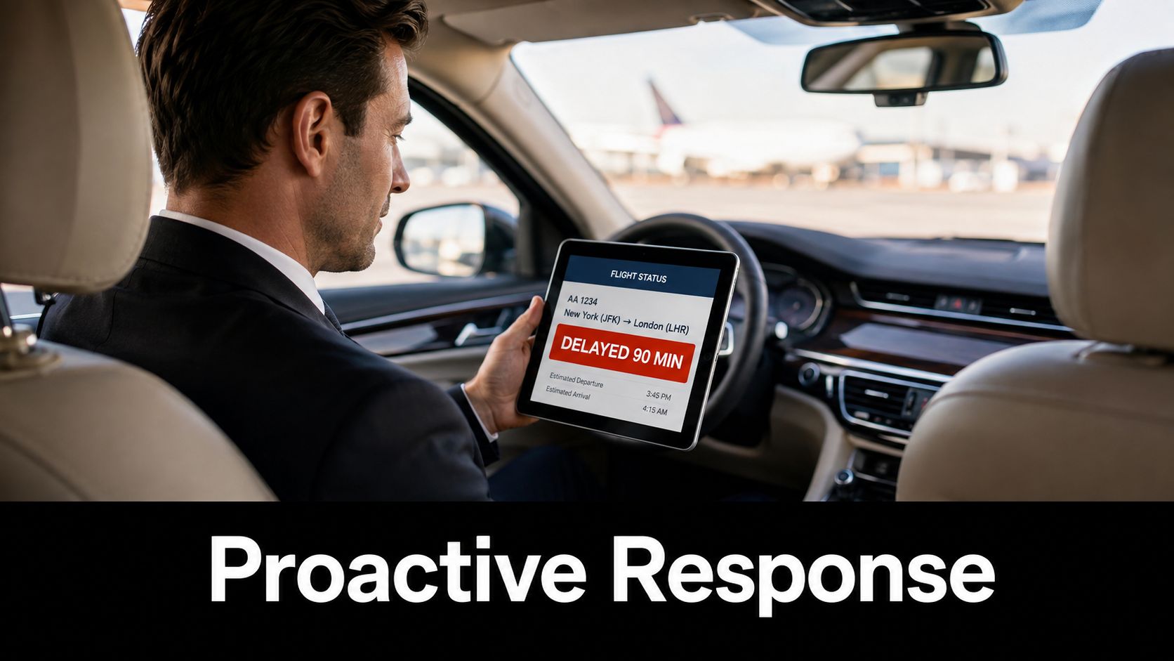 A businessman in a car checks his tablet for a flight delay status update at the airport.