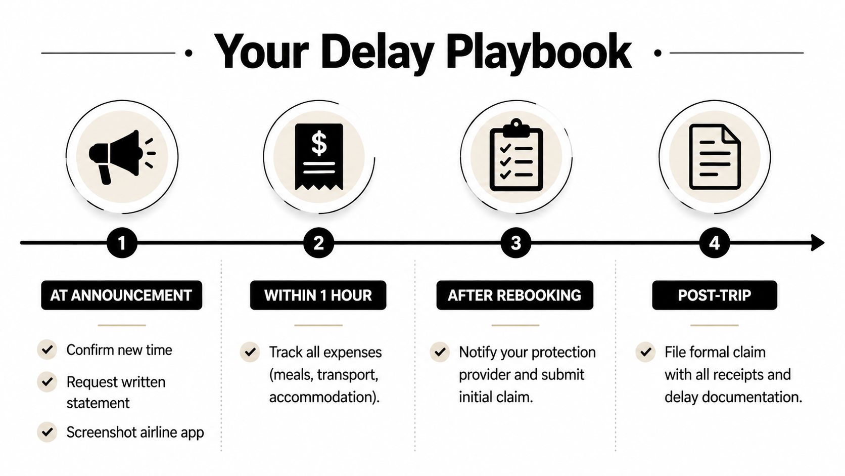 A four-step infographic guide titled Your Delay Playbook outlining actions to take during a flight delay.