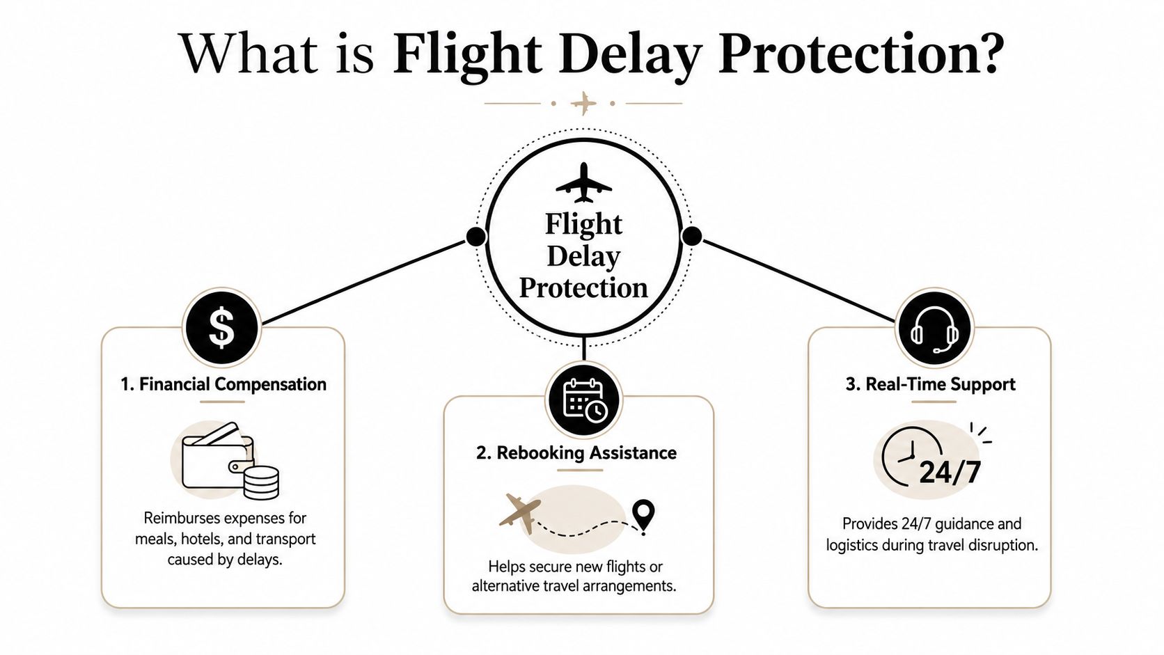 An infographic titled Flight Delay Protection showing its three benefits: financial compensation, rebooking assistance, and real-time support.