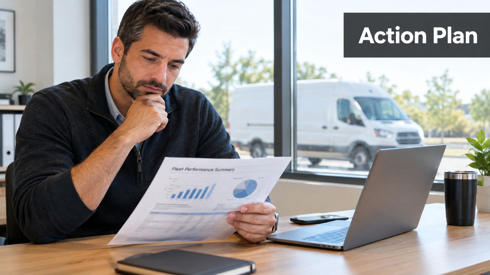 A focused man reviewing a fleet performance summary report at his office desk next to a laptop.