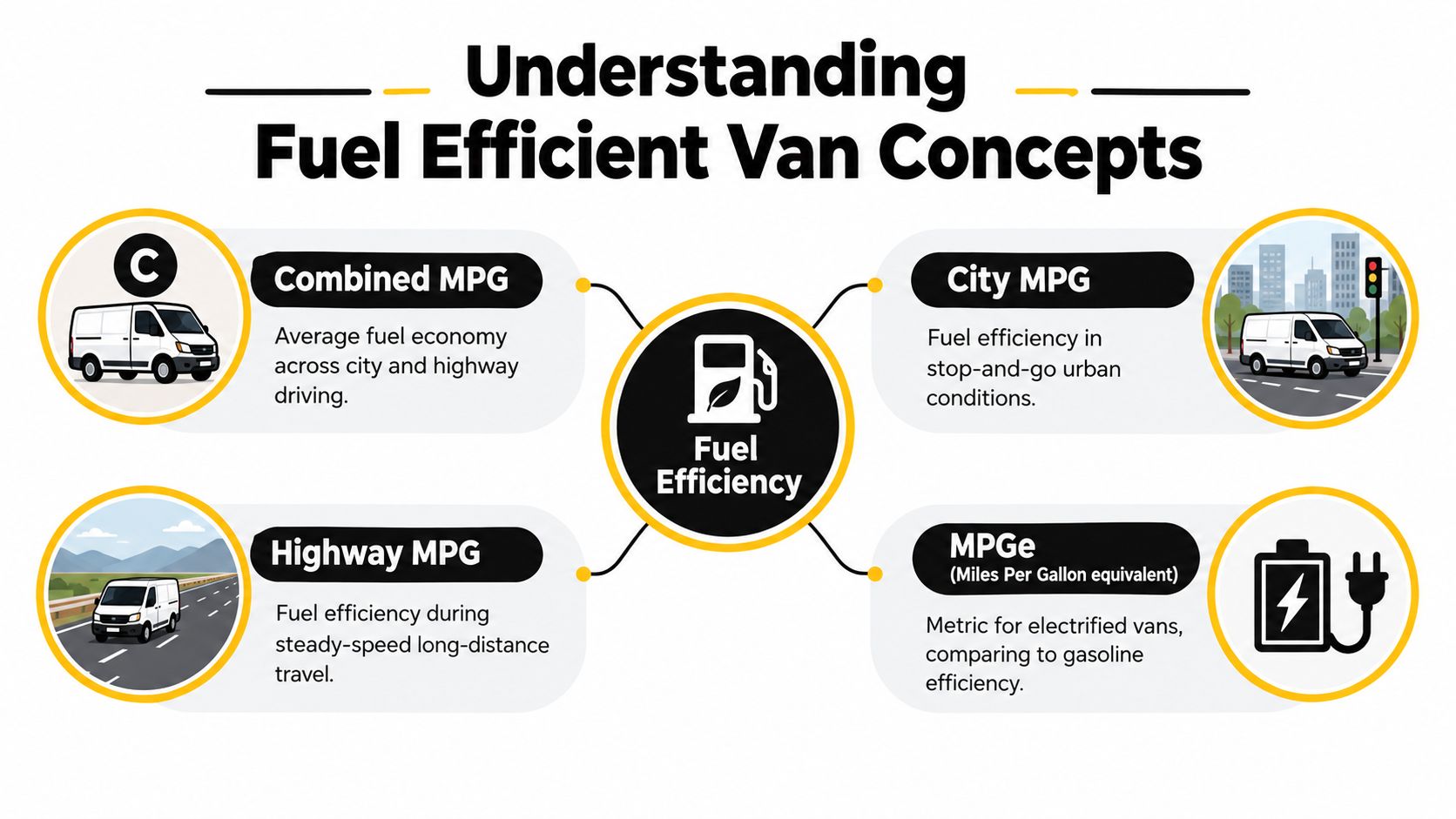 An infographic titled Understanding Fuel Efficient Van Concepts, defining Combined, City, Highway MPG, and electric MPGe metrics.