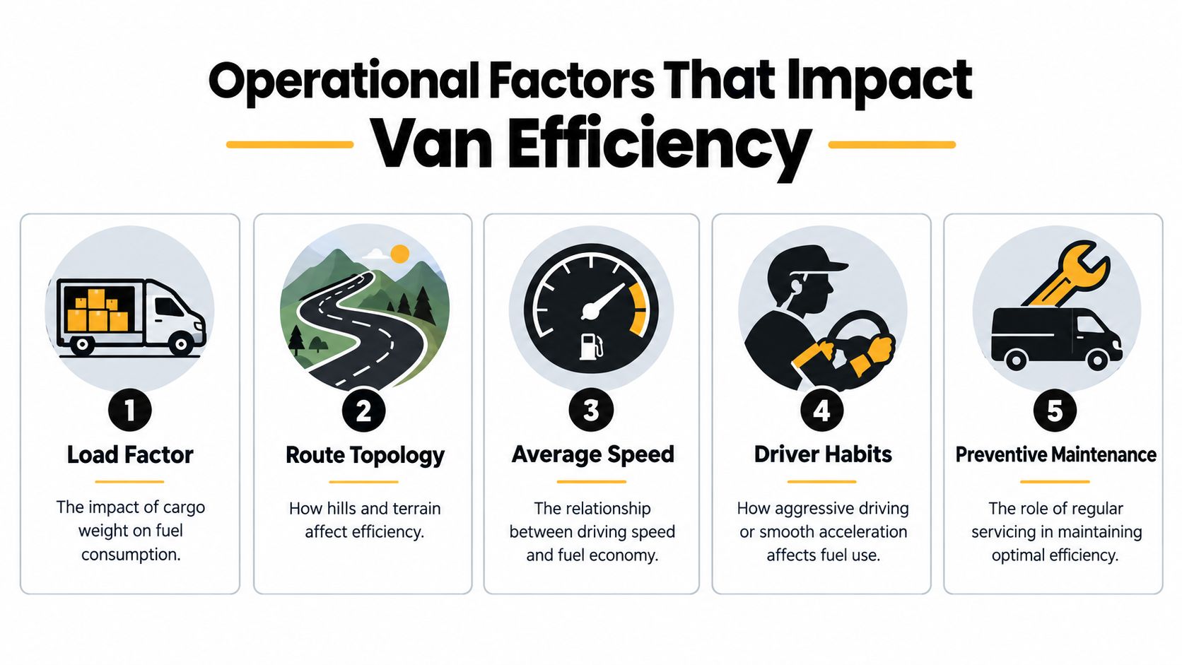 An infographic detailing five key operational factors that influence the fuel efficiency of commercial delivery vans.