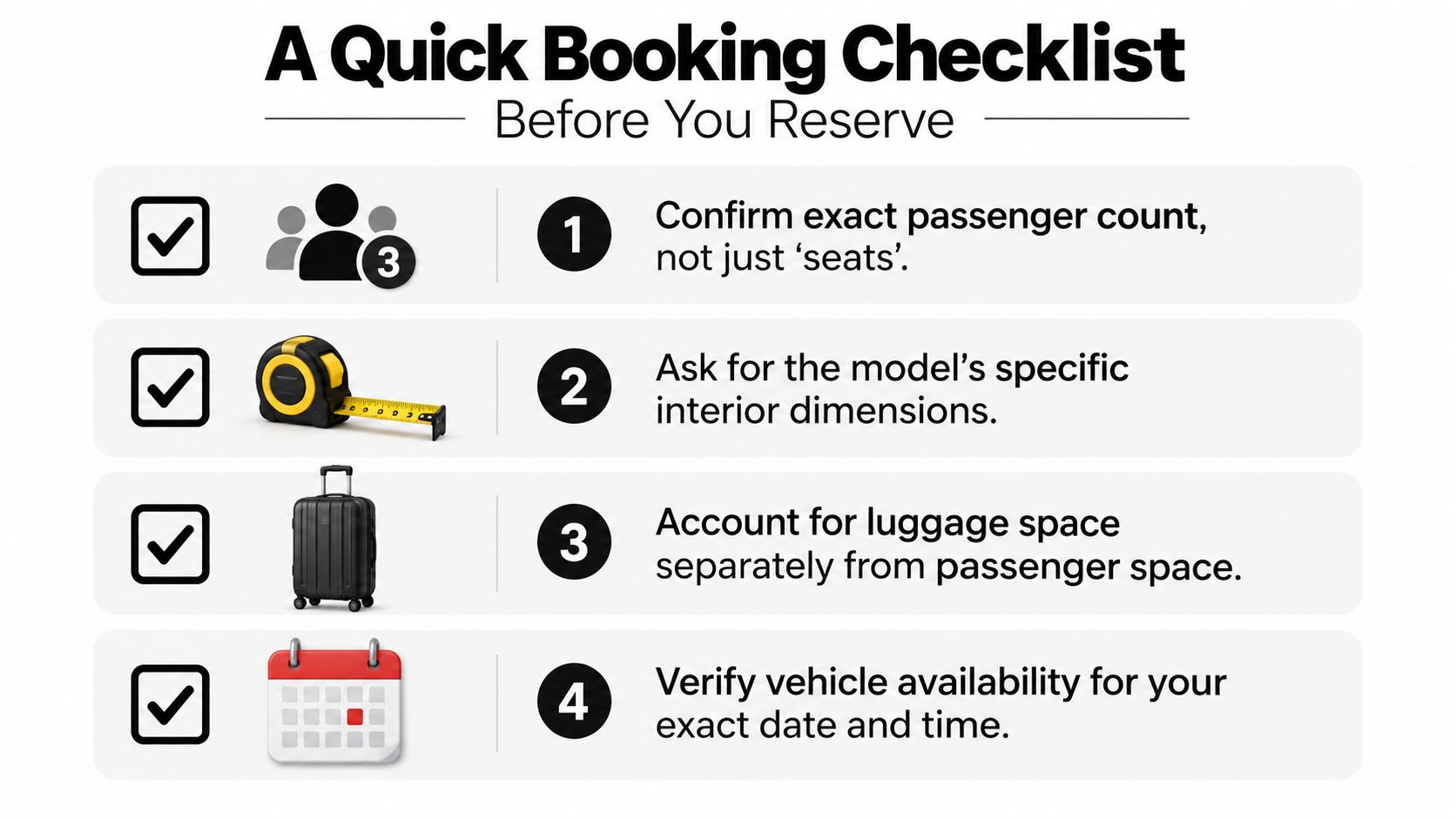 A quick booking checklist infographic for reserving vehicles with tips on passenger count, dimensions, luggage, and availability.