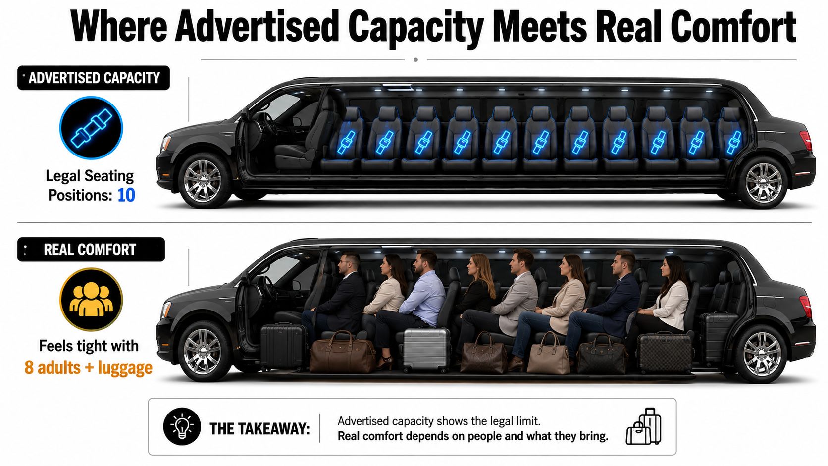 A comparison showing a stretch limo's legal passenger capacity of ten versus its practical comfort limit of eight.
