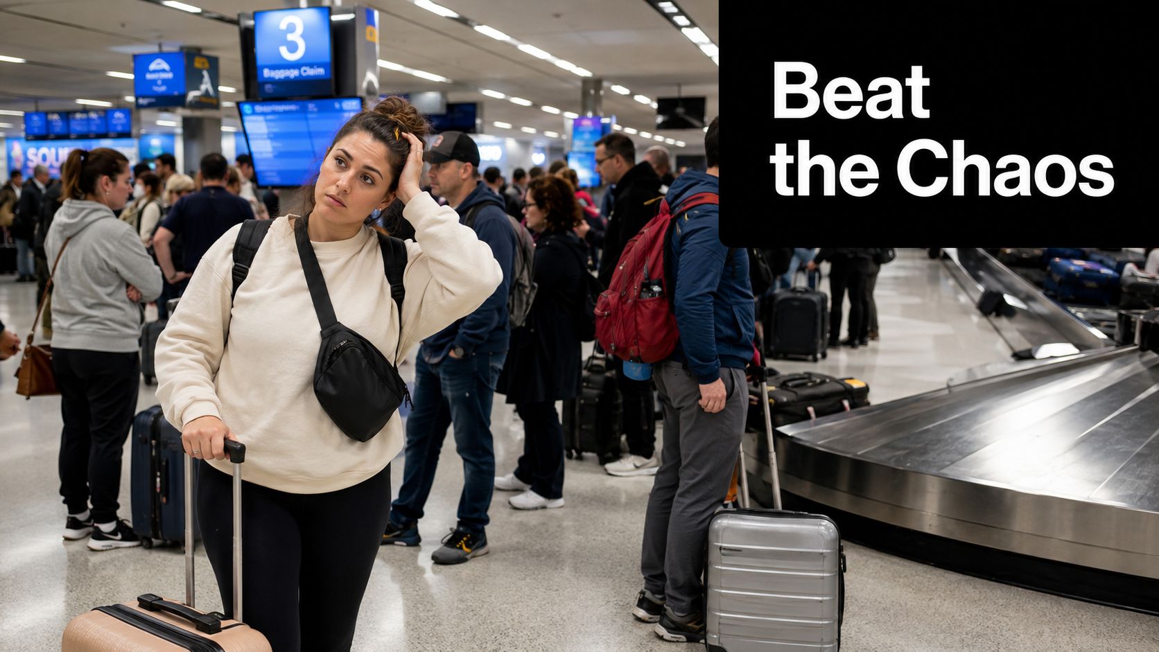 A stressed woman standing in a crowded airport baggage claim area surrounded by travelers and luggage.