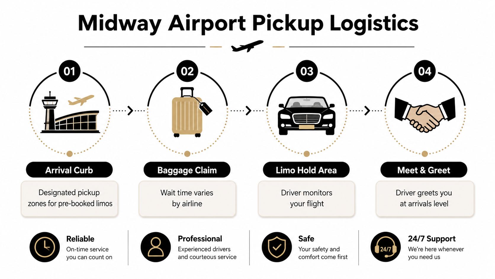 A diagram outlining the four-step logistical process for a pre-booked airport pickup at Chicago Midway Airport.