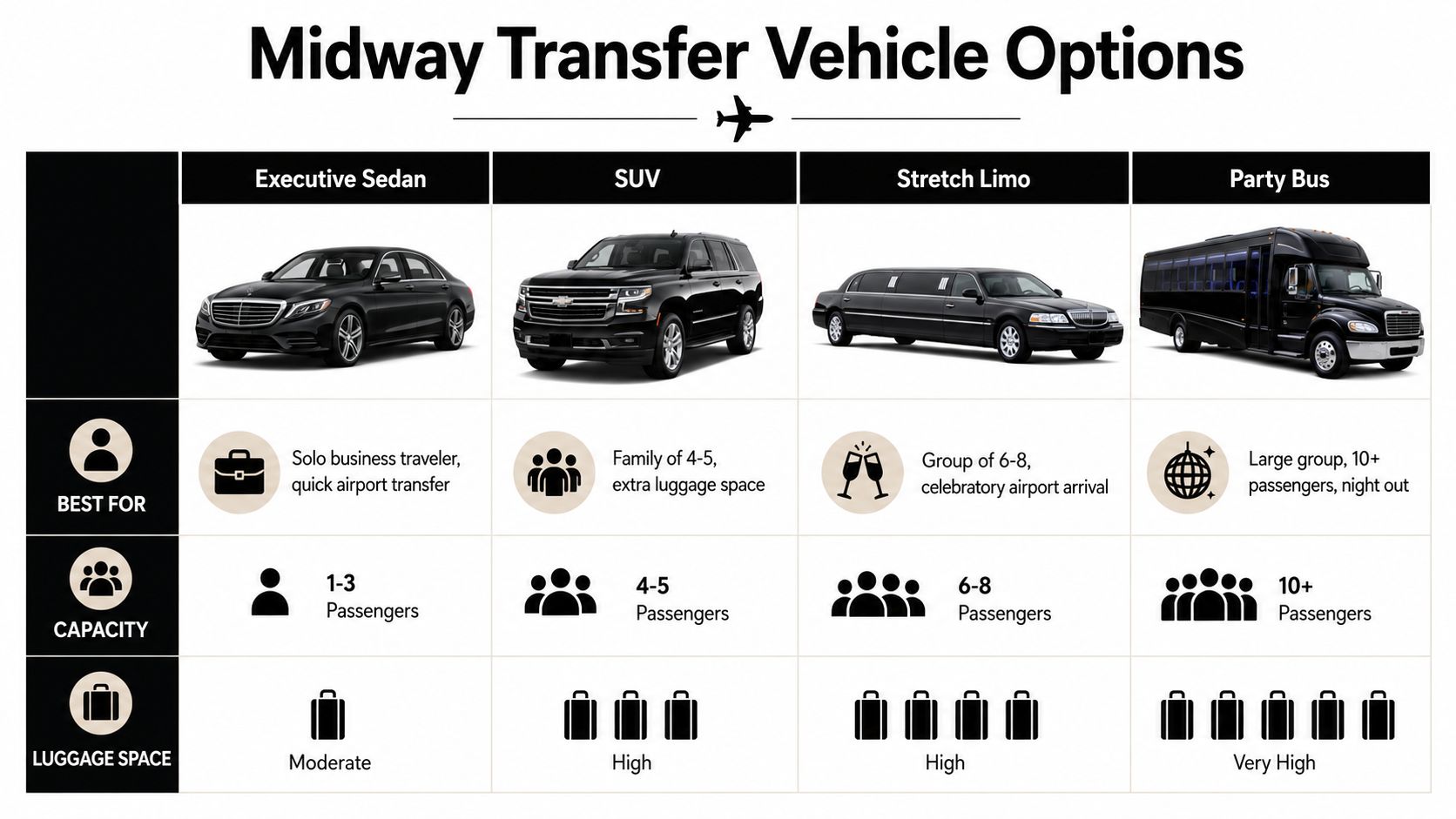 A comparison chart of Midway airport ground transportation vehicles including sedan, SUV, limousine, and party bus options.