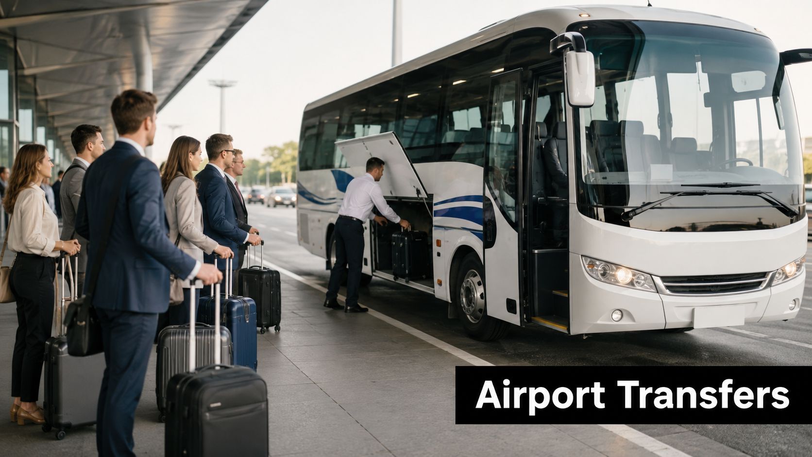 A professional driver loading luggage into the storage compartment of a modern white mini coach bus.