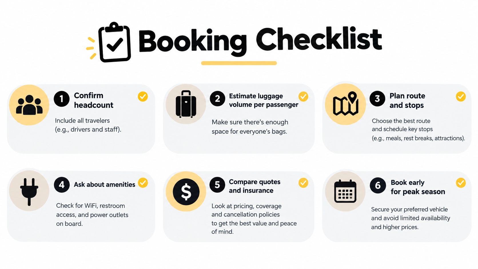 An infographic titled Booking Checklist featuring six numbered steps for planning group travel and vehicle rentals.