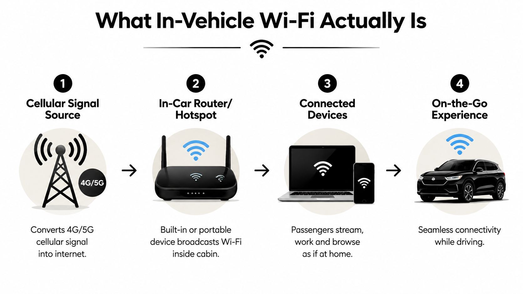 A four-step infographic explaining how in-vehicle Wi-Fi works from cellular signal to an in-car connected experience.