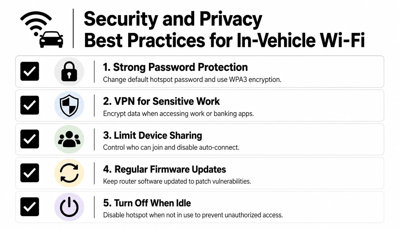 A helpful infographic listing five security and privacy best practices for using in-vehicle Wi-Fi hotspots safely.