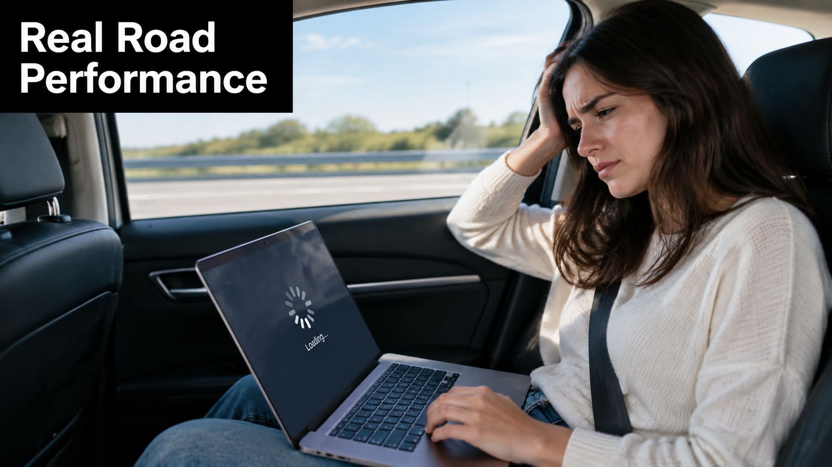 A frustrated woman sitting in the back of a car looking at a loading laptop screen.